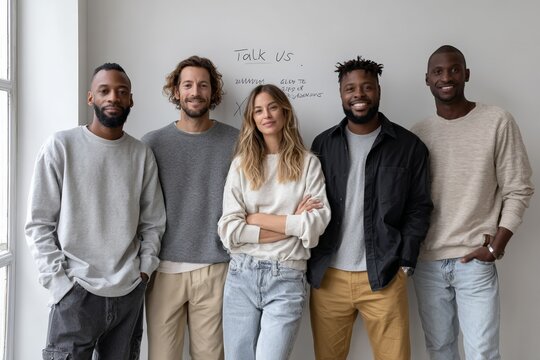 Diverse group of adults standing together smiling in casual attire