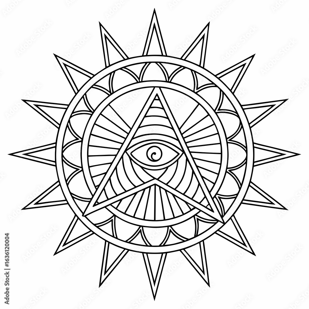 Poster vector intricate geometric design featuring central eye within triangle, surrounded by sun rays