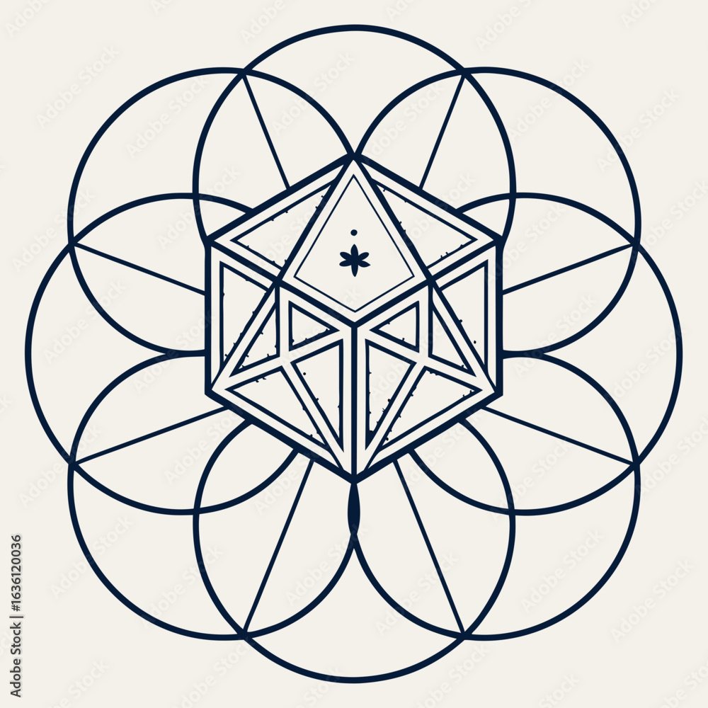 Poster vector intricate geometric design featuring layered crystal cube surrounded by circular patterns
