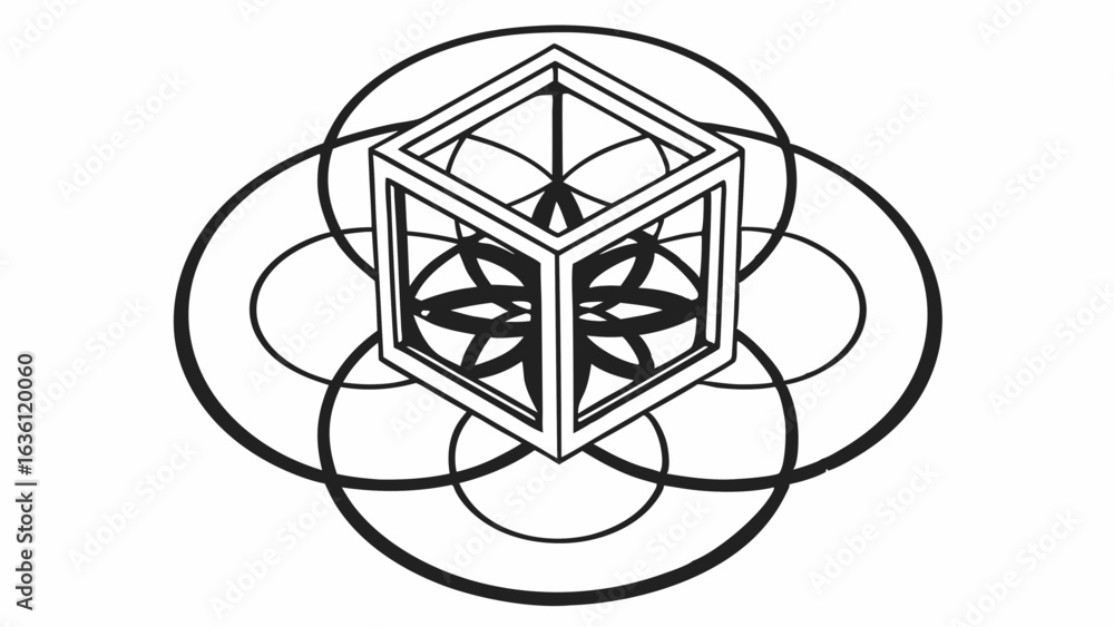 Poster vector geometric design featuring isometric crystal cube layered over circular patterns, creating