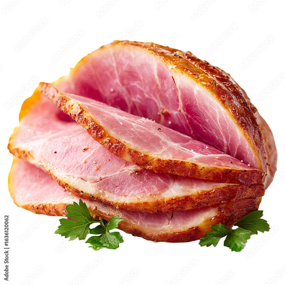 Poster a close up view of sliced ham with parsley on a black background plate isolated on transparent backg