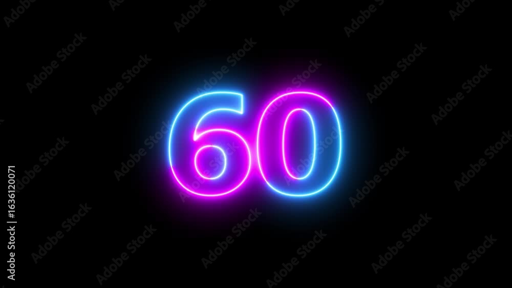 Poster neon text 60 number countdown icon background 4k animation.