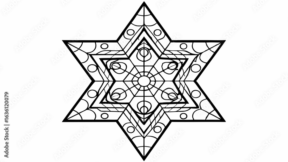 Poster vector geometric six pointed star design with intricate patterns and lines, showcasing symmetry