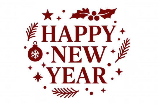 Festive red new year greeting nestled among sparkling holiday ornaments, floating over transparent backdrop
