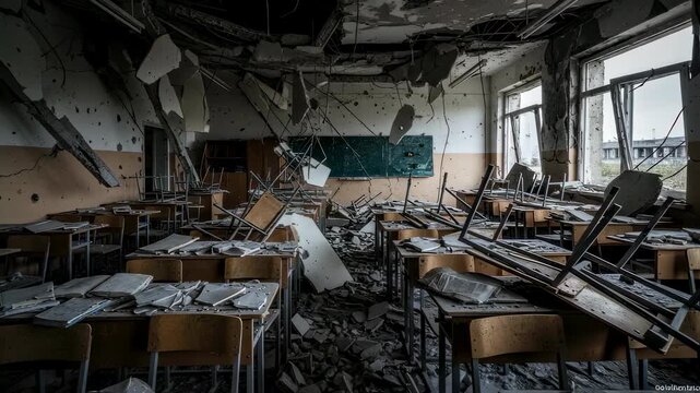 War torn school classroom with fallen ceiling and debris covering desks and floor, highlighting the aftermath of destruction footage.