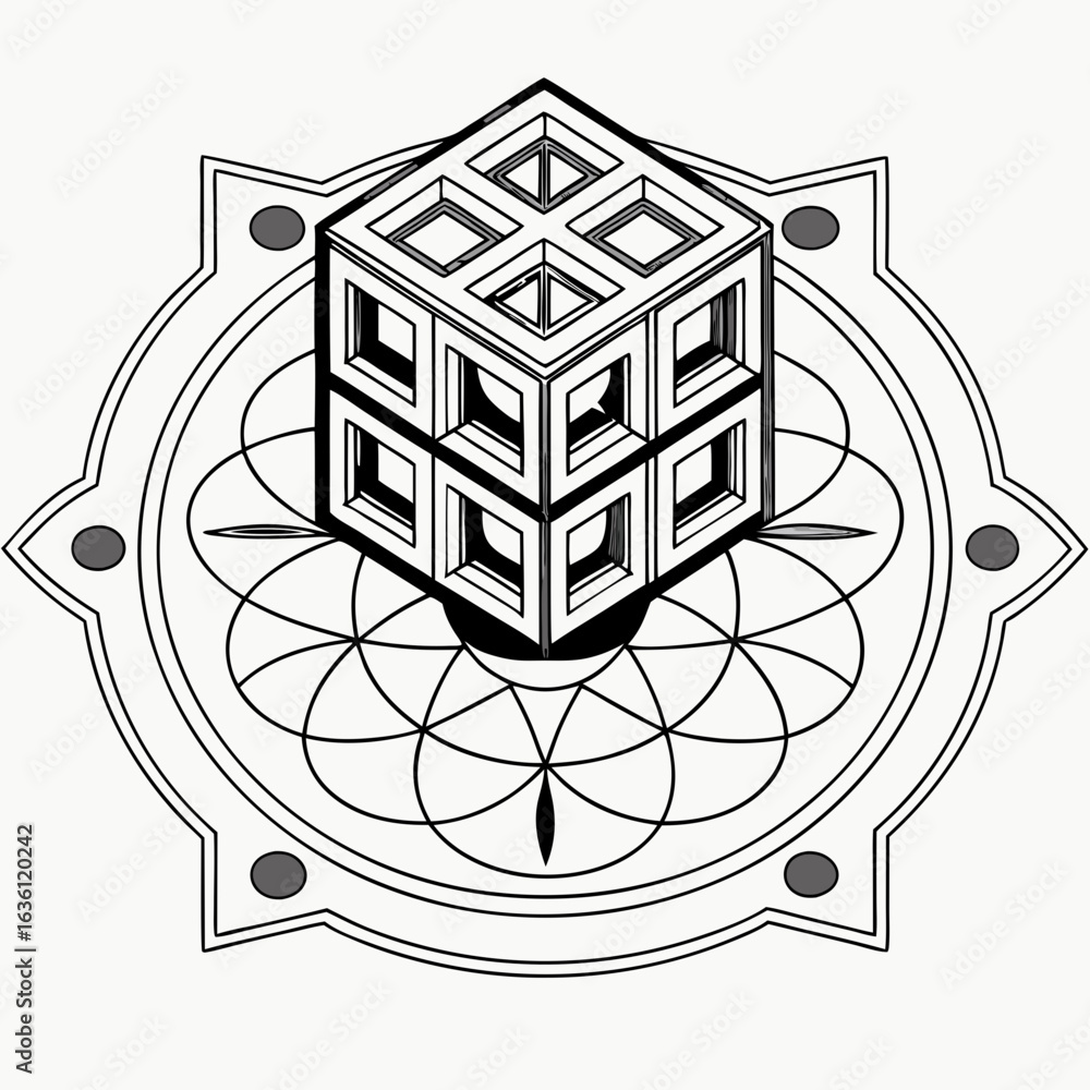 Poster vector isometric cube stack design with intricate patterns and geometric shapes, showcasing depth