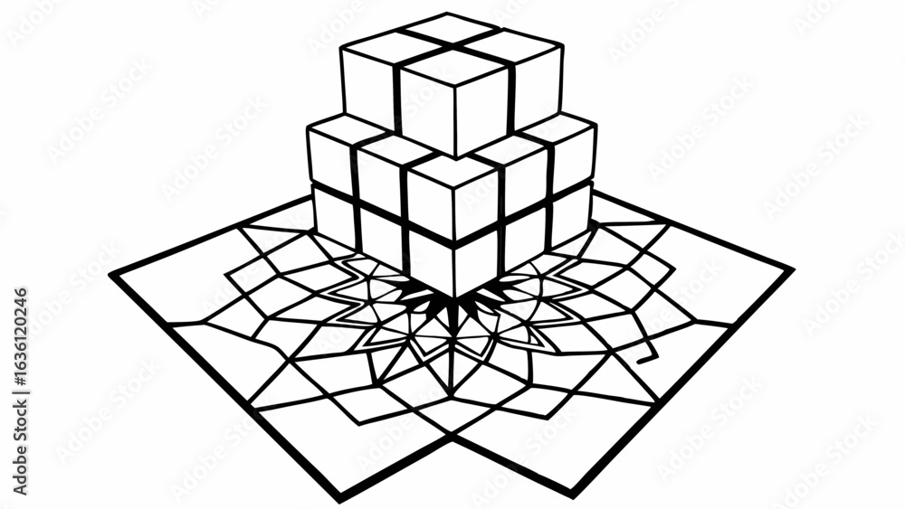 Poster vector isometric cube stack transitioning into geometric pattern, creating visually engaging design