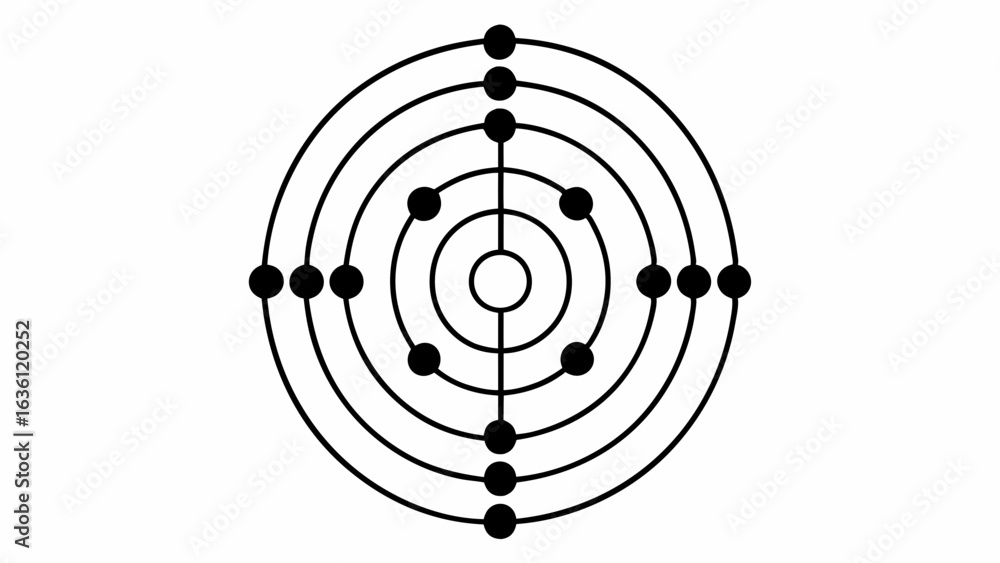 Poster vector circular pattern with concentric circles and dots, representing cosmic network