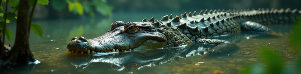 Fototapeta premium Massive alligator submerged in murky swamp water, reptile, hide