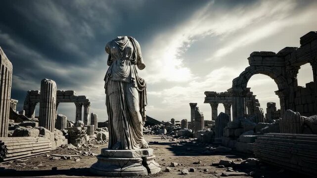 Headless ancient greek statue in ruins of forgotten civilization under dramatic clouds footage. Historical destruction concept.