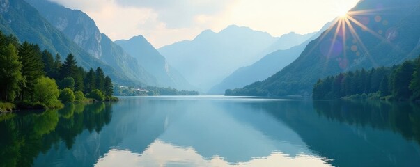 Misty morning, tranquil lake nestled in towering mountains, shadow, nature