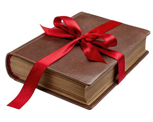 Closed hardcover book with textured brown cover and aged pages, wrapped with shiny red ribbon and bow, symbolizing thoughtful, classic, and elegant gift for special occasions