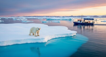 Exploring the arctic ocean: polar bear on iceberg with research vessel at sunset in greenland