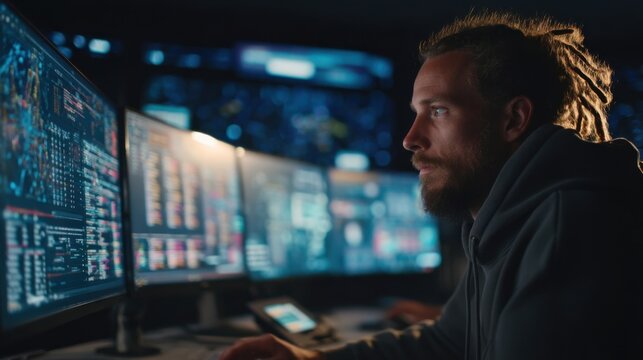A detailed view of operators engaged in dualmonitor setups their faces illuminated by the glow of data projections as they strategize on optimizing output across diverse manufacturing