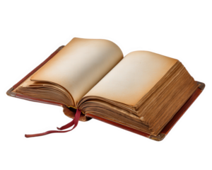 Open vintage book with blank yellowed pages and red ribbon bookmark, isolated on transparency background, evokes nostalgia and curiosity, perfect for literature, history, or education themes