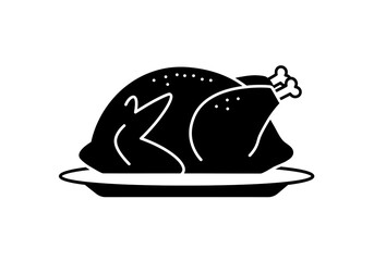 A black and white illustration of a roasted turkey on a plate ready to be served for dinner