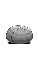 A simple grey round stone with intersecting lines on its surface sits on a white background with its shadow below