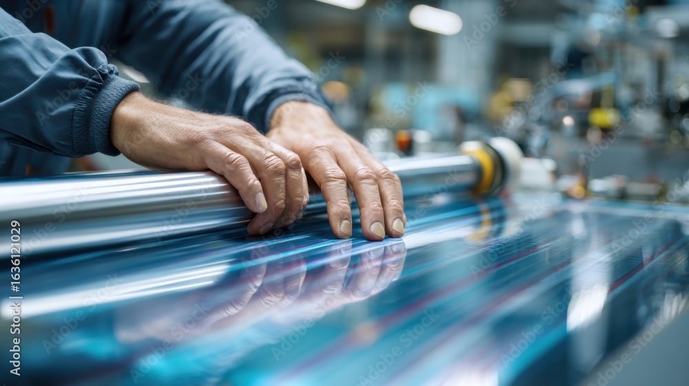 Poster a medium closeup of a technicians hands adjusting the tension settings on the rolltoroll line with f