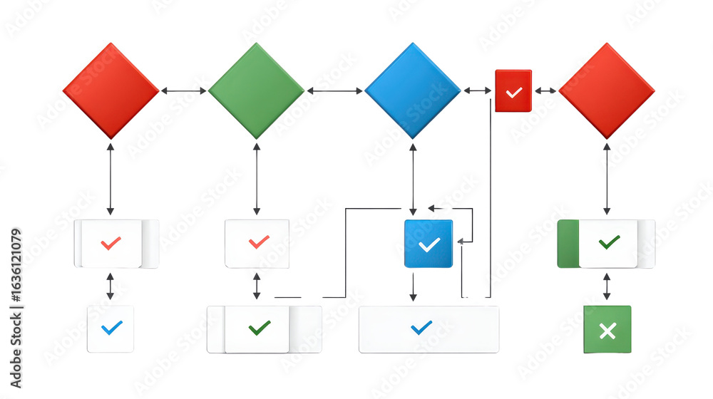 Poster flowchart with decision diamonds and process blocks transparent background, png file
