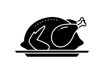 A monochrome illustration of a roasted turkey on a plate against a white background in simple style