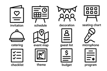 Event planning icons set including invitation, seating chart, catering, and budget