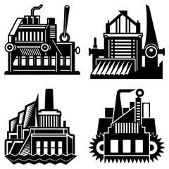 Obraz premium Illustration of four industrial machines and buildings in black and white art deco style design elements