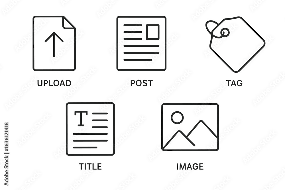 Poster digital icon set for uploading and posting content with tags and titles