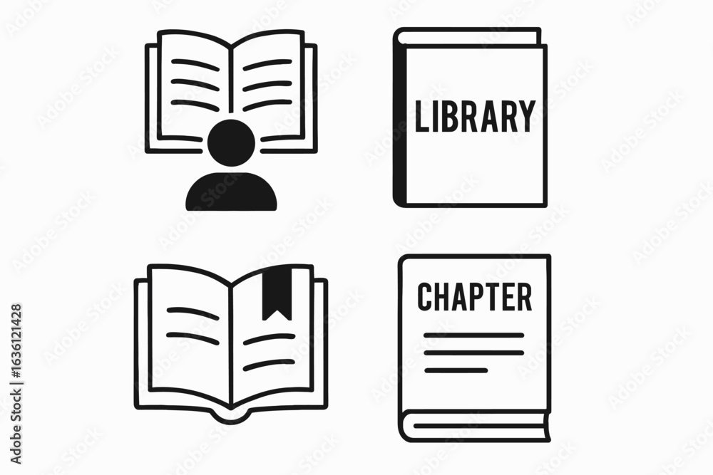 Poster library and reading icons set featuring books and chapters