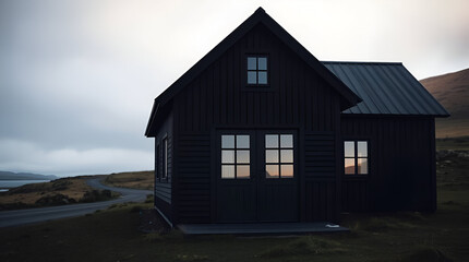 Obraz premium Black house on grassy hill Modern black house twilight view, landscape lighting, driveway,