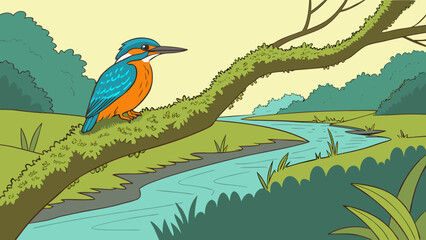 A vibrant kingfisher perched on a moss-covered branch above a clear river, its bright blue and orange feathers shimmering in the sunlight, reflection visible in the water, serene and colorful scene.