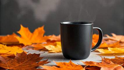 a matte black coffee mug, autumn theme with orange maple leaves in soft focus