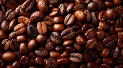 Dark roasted coffee beans are piled together, showcasing their unique textures and vibrant shades in soft morning light