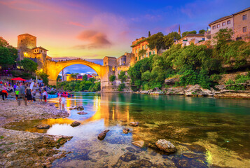 Historical Mostar Bridge known also as Stari Most or Old Bridge in Mostar, Bosnia and Herzegovina © gatsi