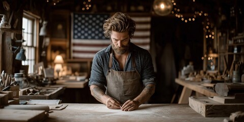 Caucasian young adult male carpenter crafting in rustic workshop with american flag
