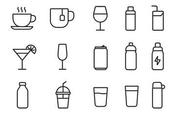 Minimal beverage icons: coffee, tea, wine, juice, cocktail, soda