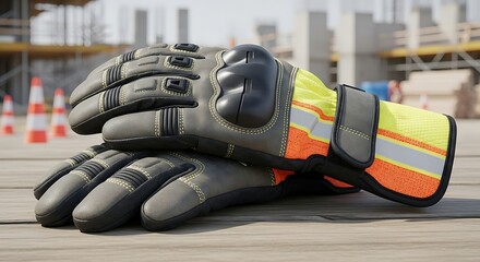Protective work gloves on construction site provide safety gear