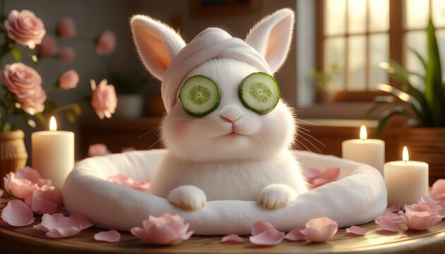 A cute white rabbit relaxes in a spa setting. It has cucumber slices on its eyes and is surrounded by candles and rose petals.