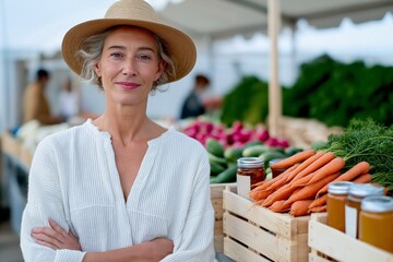 Mature caucasian female vendor at farmers market with fresh produce display