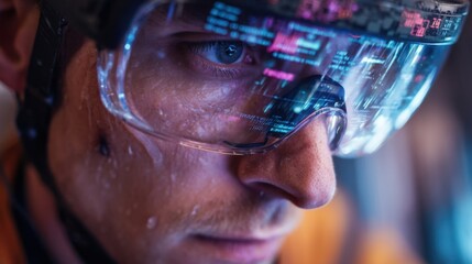 A closeup of a technician wearing AR glasses immersed in a digital overlay that displays error messages and performance metrics during a factoryacceptance test simulation.