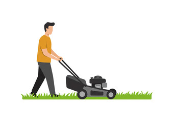 A man in a yellow shirt mowing the lawn with a gray lawnmower on a white background illustration