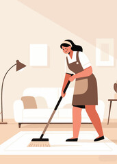 mother cleans the floor of the room Illustrator Artwork design template poster