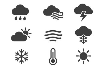 Obraz premium Weather icons collection: rain, wind, storm, snow, sun, and temperature symbols