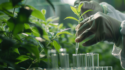 Scientist conducting plant based laboratory research in a lush green environment.