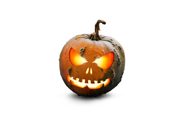 A lit green and orange spooky halloween pumpkin, Jack O Lantern with evil face and eyes isolated against a transparent background.