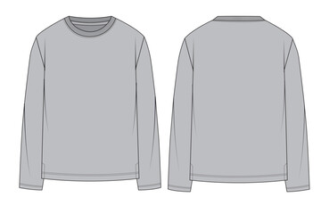Full & Half sleeve tee flat, Basic Long Sleeve T-Shirt Technical Flat. Men's Crew Neck Long Sleeve Tee Mock-up. Grey Long Sleeve T-Shirt Apparel Template.