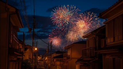 日本の住宅街から見上げる花火