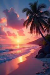 Sunrise paints the sky vibrant hues over swaying palm trees on a tranquil tropical beach , golden hour, holiday, tropical beach