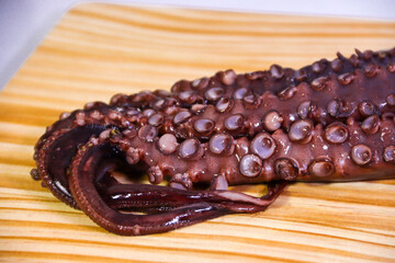 Glossy raw octopus tentacle on cutting board