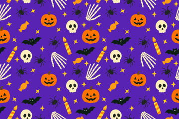 Bright Halloween seamless pattern with pumpkins, skulls, skeleton hands, bats, spiders, candy, candles, and stars on a purple background.
