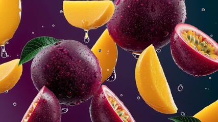 Vibrant assortment of fresh tropical fruits including passion fruit and mango, splashing water droplets creating a refreshing atmosphere, showcasing the beauty of nature's bounty in a colorful arrange